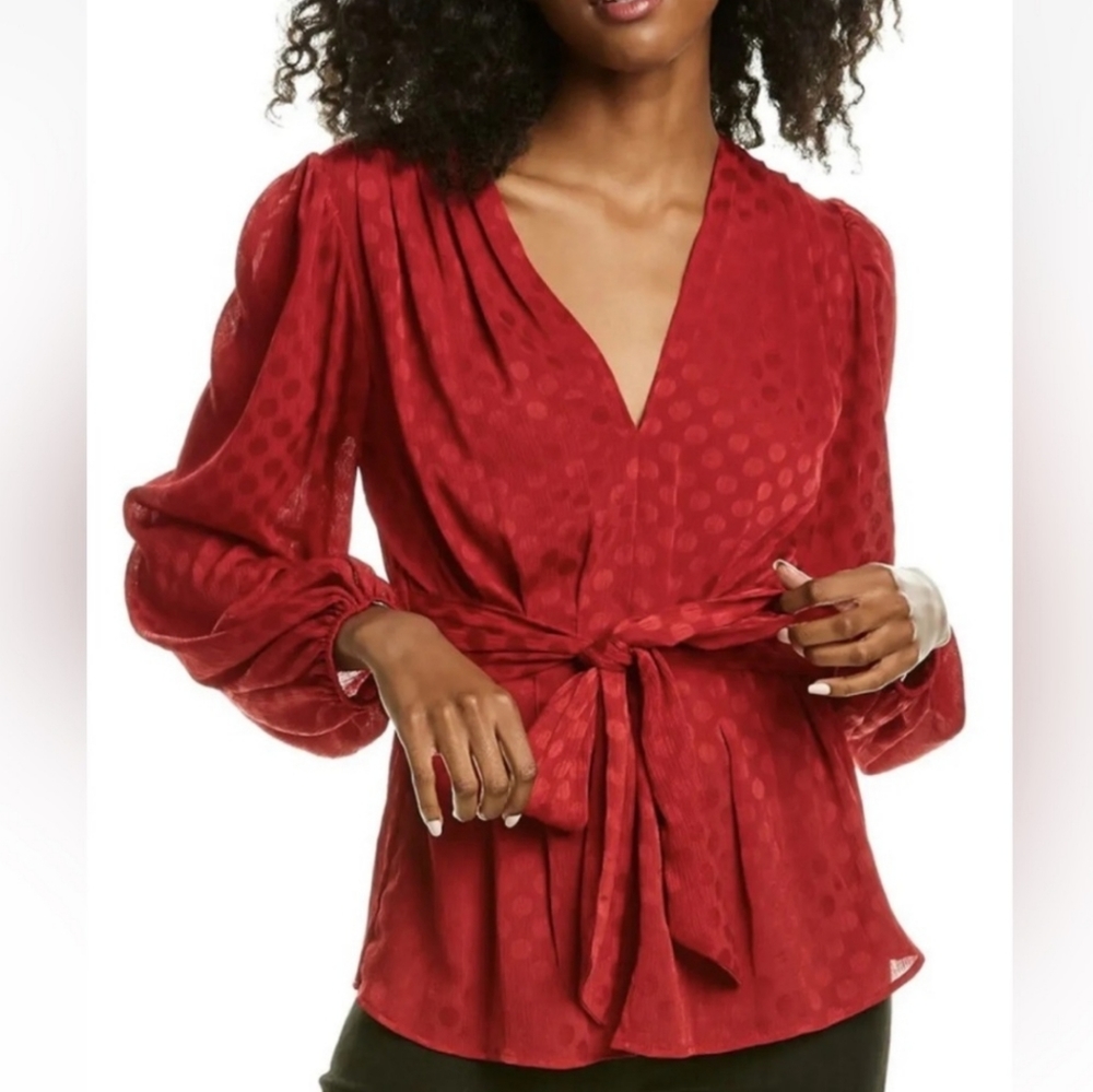 Max Studio Polka Dot V Neck Sheer Wrap Blouse XL Raspberry